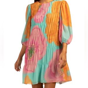 TRINA TURK shirred, tiered, georgette silvery dress.